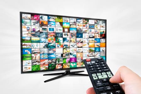 A person is holding a remote control in front of a television.